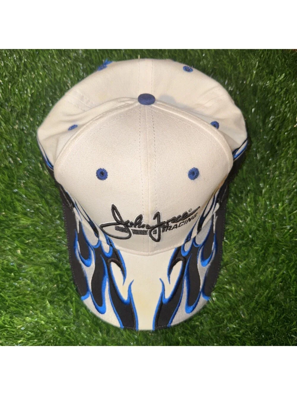 VTG 90’s-Y2K John Force Racing White Black Blue Trimble Flames StrapBack Hat